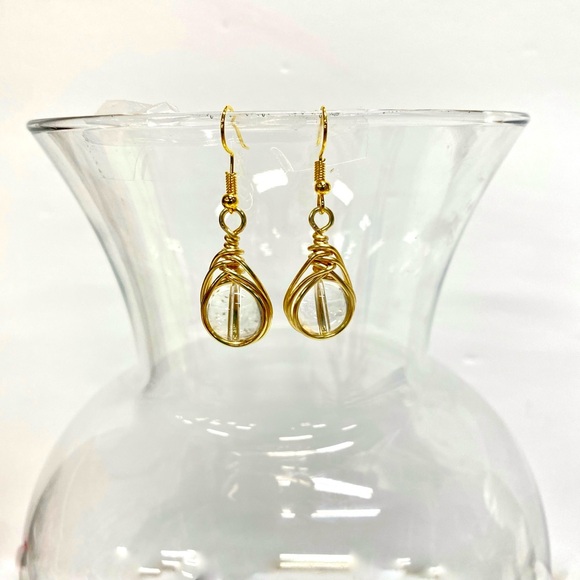 HANDMADE Genuine Clear Quartz Wrapped Dangle Earrings - Picture 5 of 9